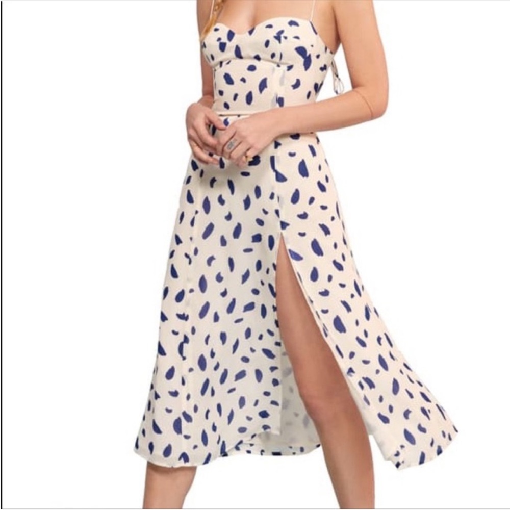 Reformation Juliette Dress Kourtney Spot Print White Blue Midi Tie Strap Leg Sli